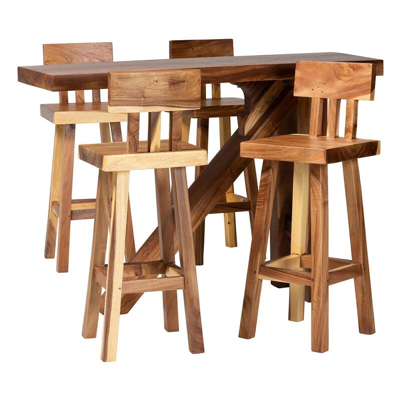 Luli 5-Piece Suar Wood Bar Table Set - Modern Bar-Height with Sculptural Table, Handcrafted Natural Wood Furniture for Kitchen - Natural Brown