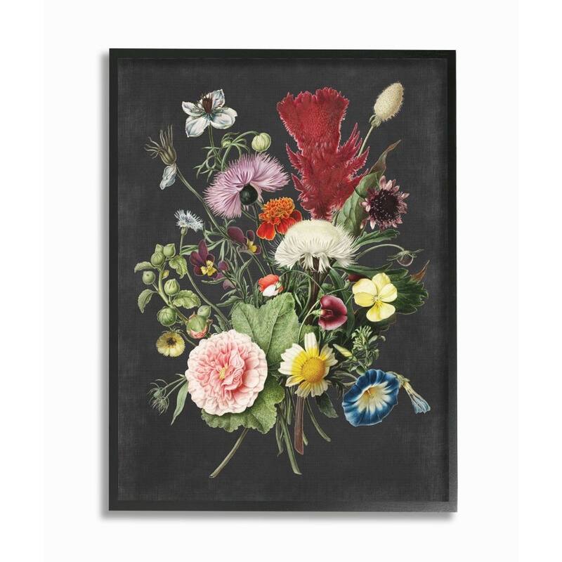 Stupell Botanical Drawing Flower Bouquet On Black Design Framed Wall Art, Design By Artist Lettered and Lined - Multi-Color