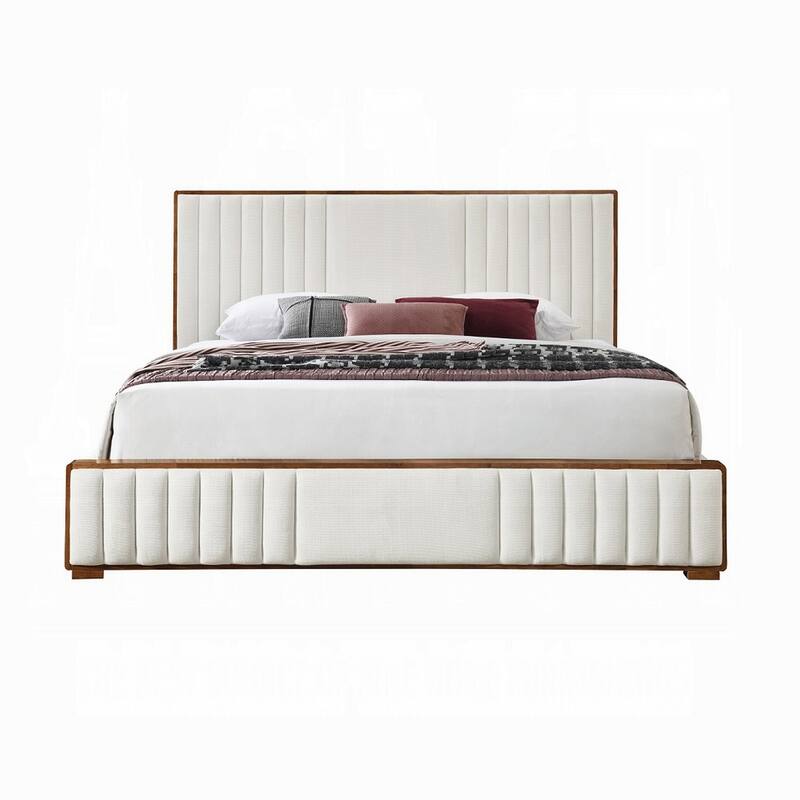 Lesa Queen Bed, Channel Tufted Beige Chenille Upholstery, Walnut Brown