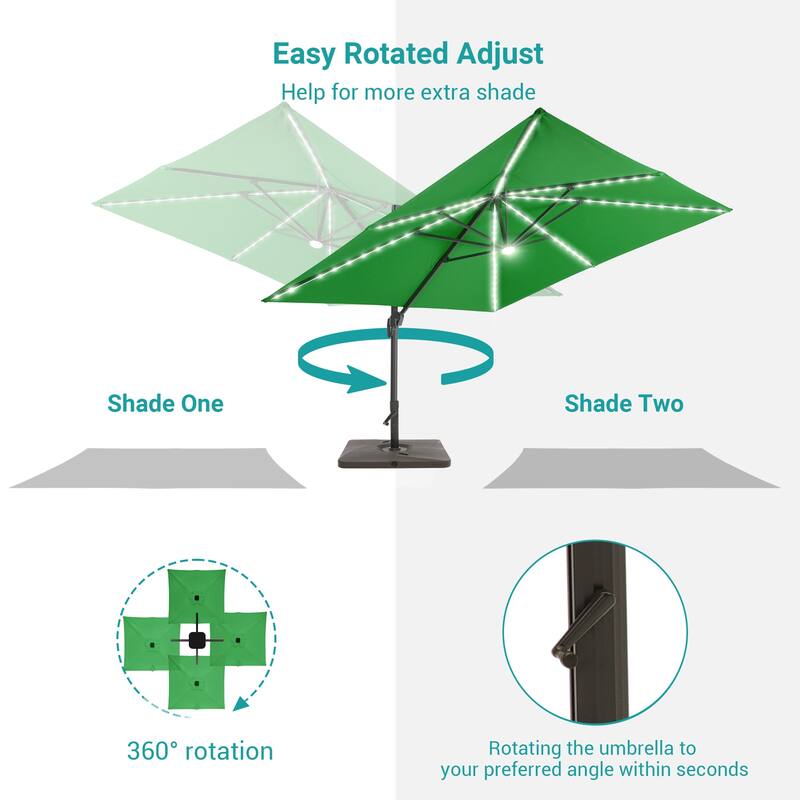 BONOSUKI 10x10FT LED Cantilever Patio Umbrella Angle Adjustment w/Base