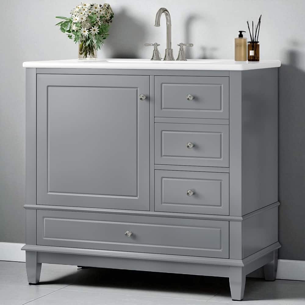 36" Bathroom Vanity with Sink, Freestanding Cabinet with Drawers and Shelves, Ceramic Top, Painted Wood Base