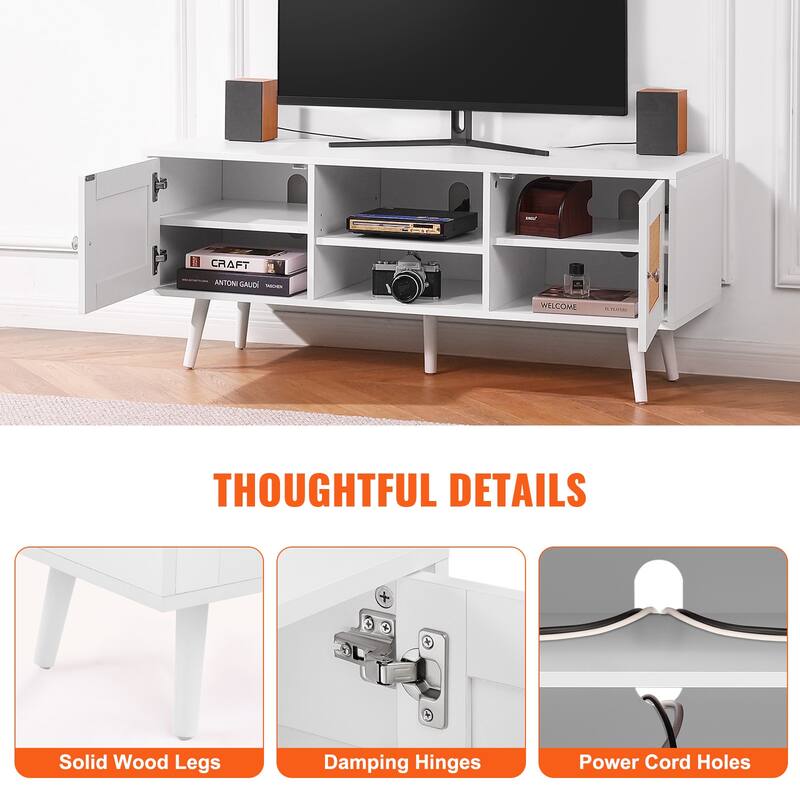 Rattan TV Stand, Mid Century Modern TV Stand, Boho Rattan TV Cabinet with Build-in Socket and USB Ports, Adjustable Shelfs