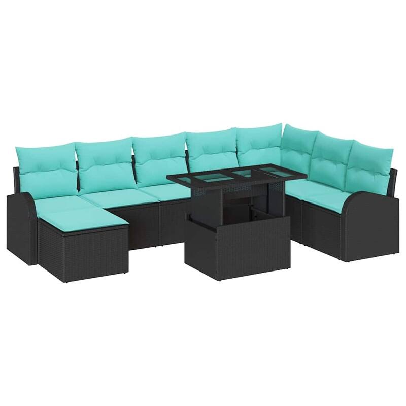 vidaXL 9 Piece Garden Sofa Set with Cushions Black Poly Rattan - 113.8×70.5×27.2