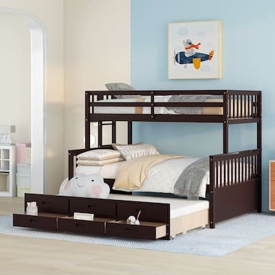 Separable Twin Over Full Bunk Bed Storage Platform Bed with with Pull-out Trundle, Drawers, Ladder and Safety Fence
