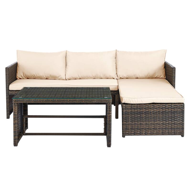 3 Pieces Patio Conversation Set, All Weather Outdoor PE Rattan Wicker Furniture Set with Cushions, Tempered Glass Coffee Table