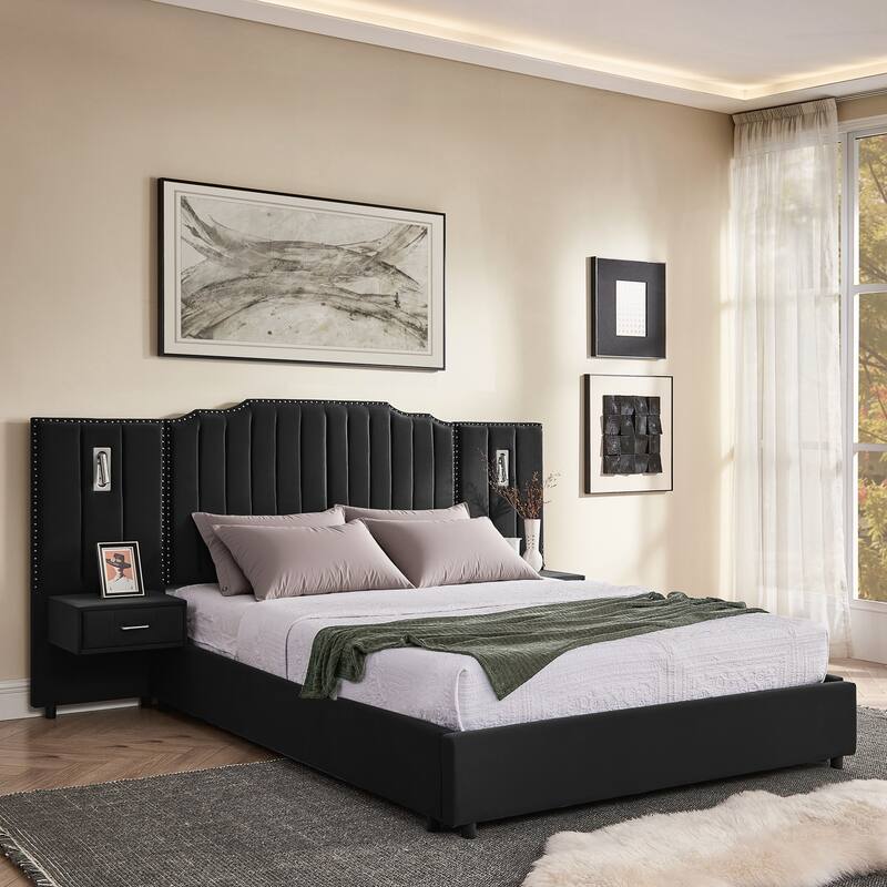 Queen Size Upholstered Bed Frame , Vertical Stripe Design with Buttons Around Platform Bed with Headboard