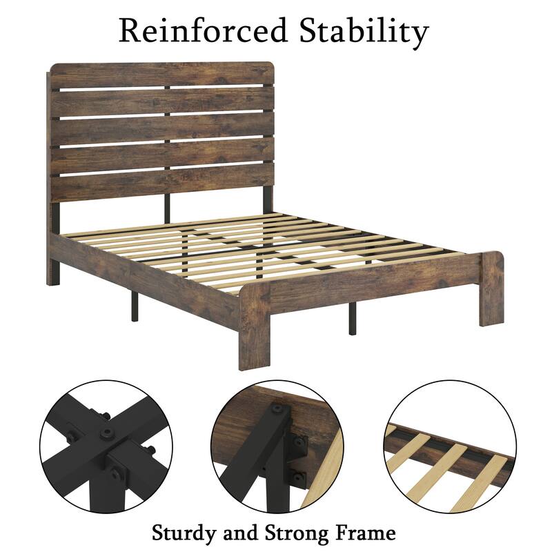 Queen Size Wood Platform Bed Frame, Noise Free, Easy Assembly, Large Under Bed Storage, Dark Brown