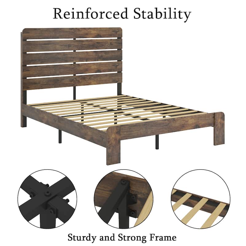 Wooden Bed Frame Full/Queen/King Size Platform Bed with Headboard and Wood Slats Support Mattress Foundation, Under Bed Storage