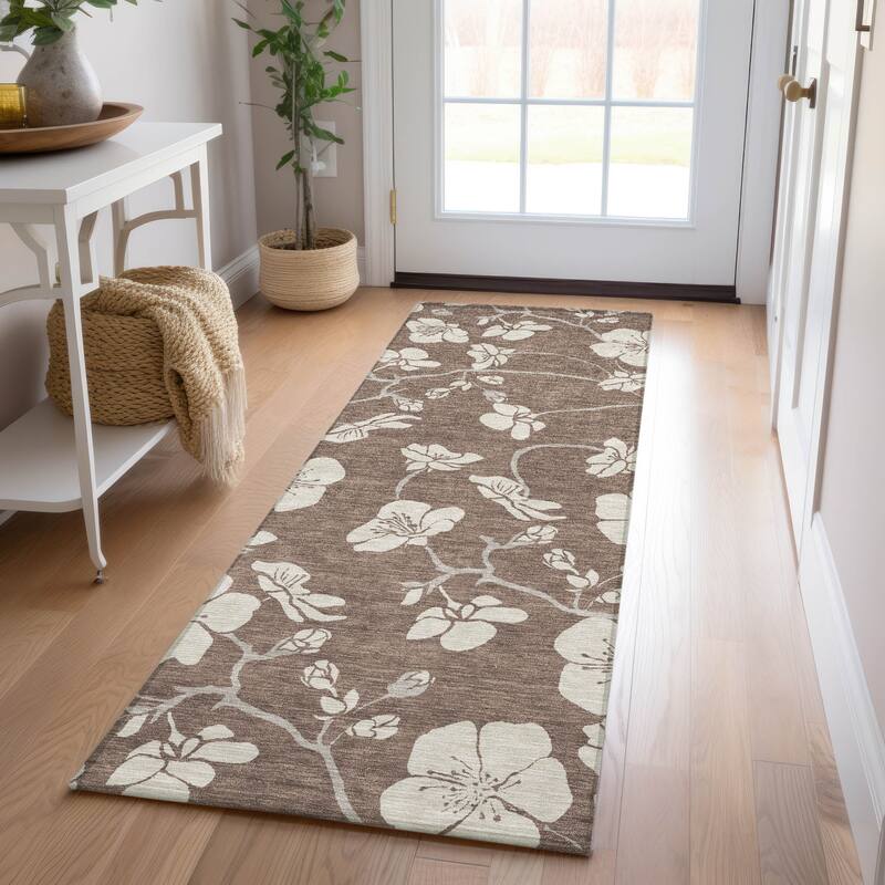 Machine Washable Indoor/ Outdoor Calm Floral Chantille Rug - Brown - 2'3" x 7'6"