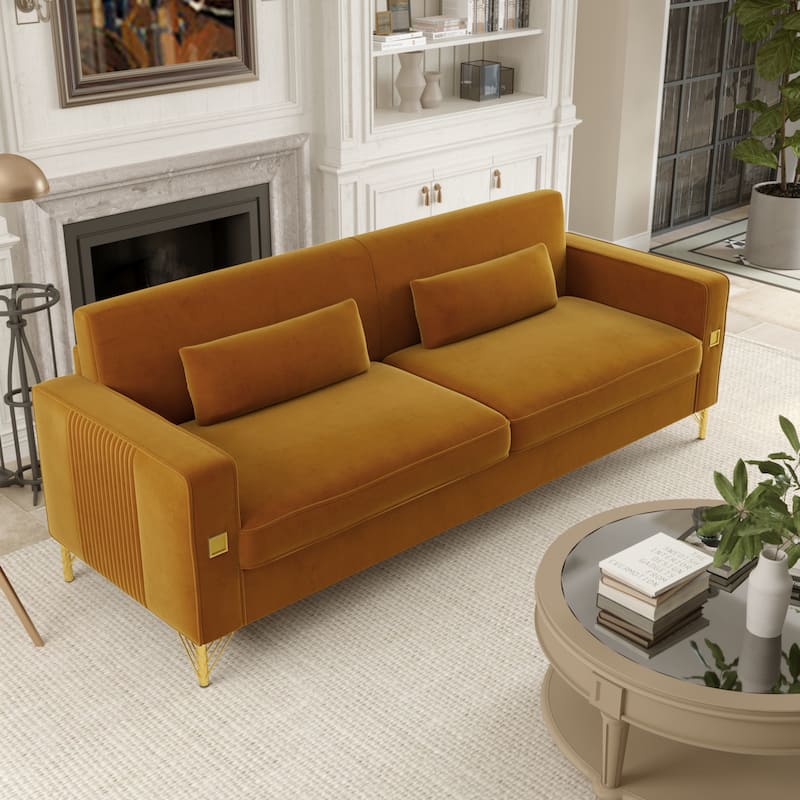 Modern 85.63" Velvet 3-seater Sofa with Gold Accents and Plush Cushions for Living Room