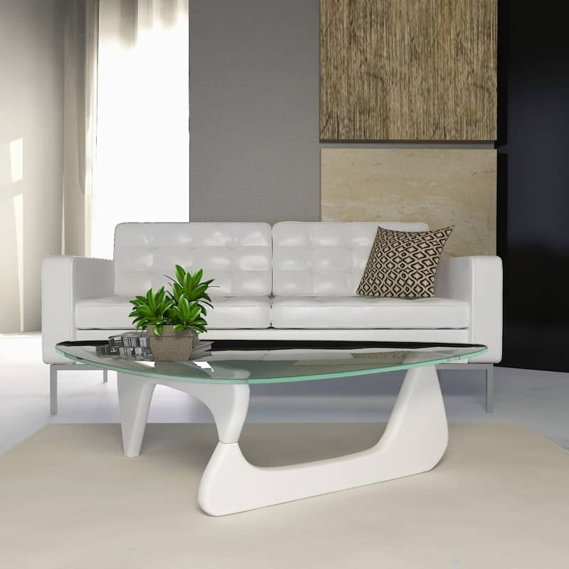 36" Triangular Mid Century Modern Accent Center Coffee Table with Glass Top and Wood Base for Living Room