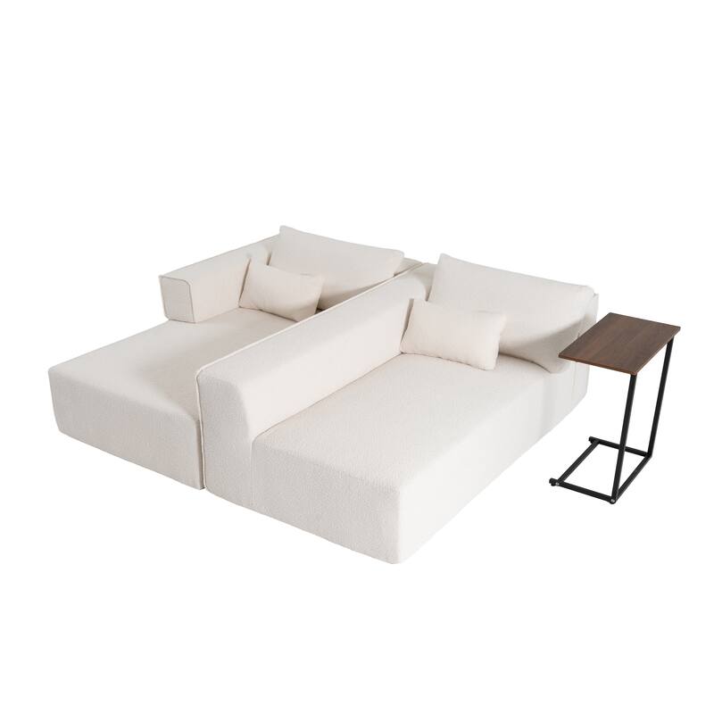 112" Beige Boucle Modular Sofa, Free Table & 2 Pillows, No Assembly