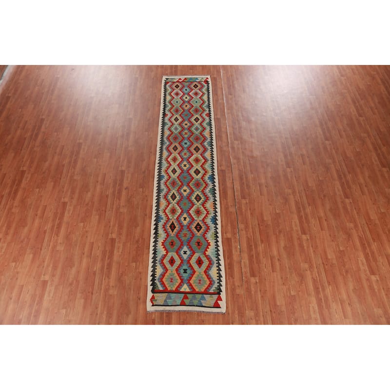 Hand Woven Oriental 100% Wool Carpet Southwestern All-Over Multi-Colored Kilim Runner Rug - 12' 7'' X 2' 8''