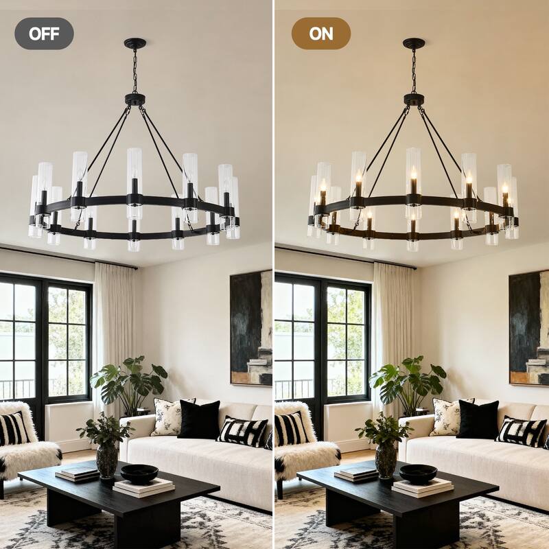 43.3''Matte Black Wagon Wheel Chandelier With 12 Lights (No Bulbs)