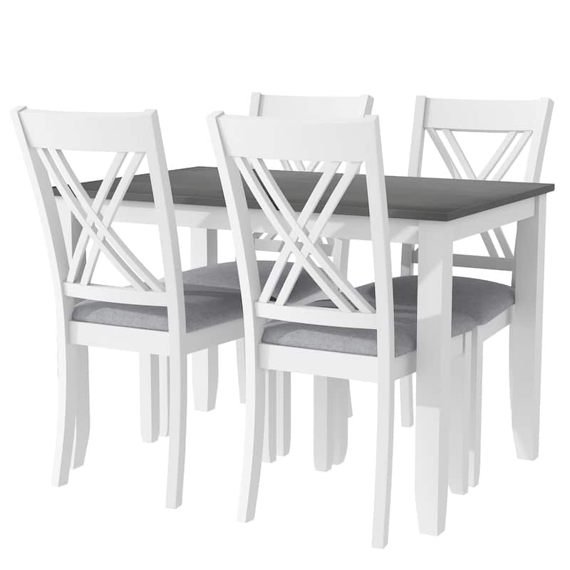 Solid Wood 5-Piece Dining Table Set with Wood Rectangular Table, 4 X-Back Upholstered Chairs & Upholstered Seat for Living Room