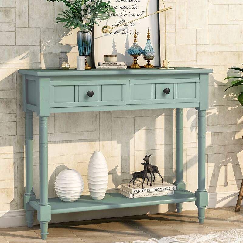 Traditional Console Table with 2-Drawers and Bottom Shelf - Retro Blue