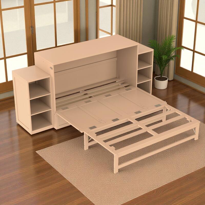 Full/Queen Size Murphy Bed with Storage Drawers and Shelves, Space-Saving Foldable Wall Bed for Guest Room