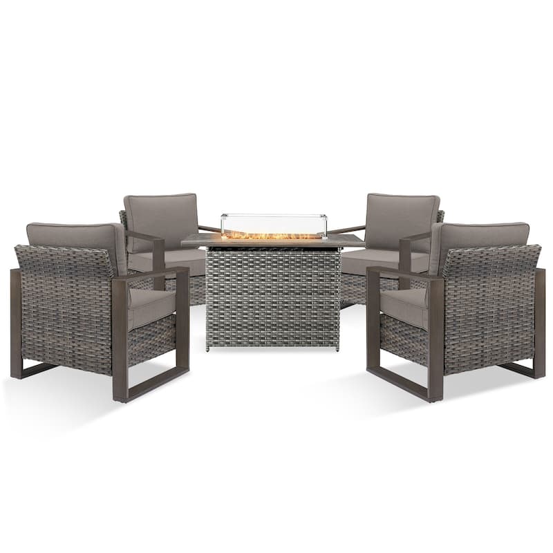 Pocassy 5 Pieces Outdoor Wicker Chair with Fire Table Set