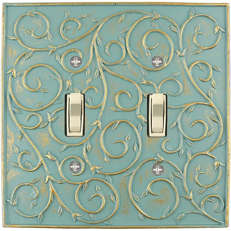 Meriville French Scroll 2 Toggle Wallplate, Double Switch Electrical Cover Plate - Buckingham Green With Gold