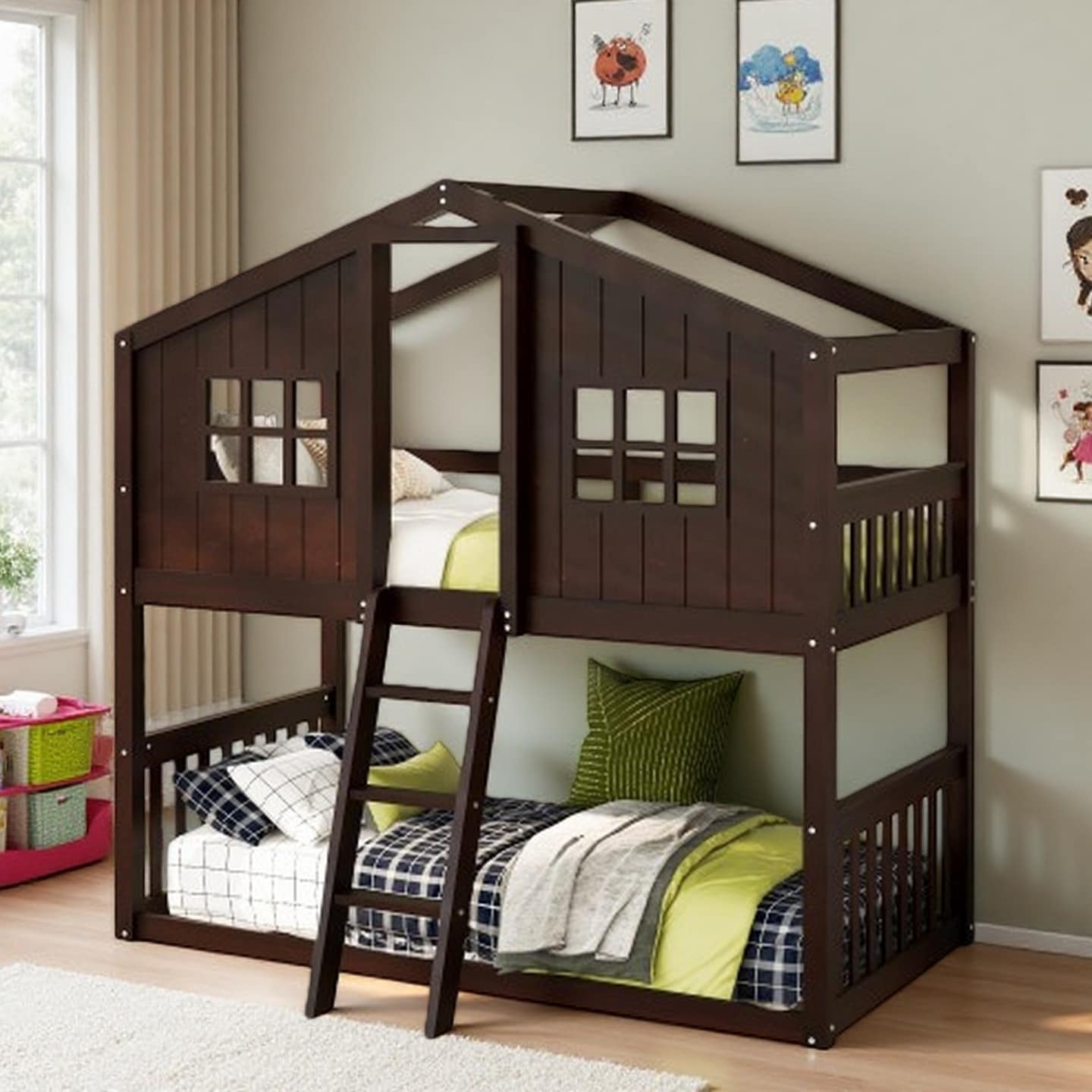 Twin-Over-Twin Kids House Bunk Bed with Ladder, Solid Pine Frame, Playhouse Roof and Window