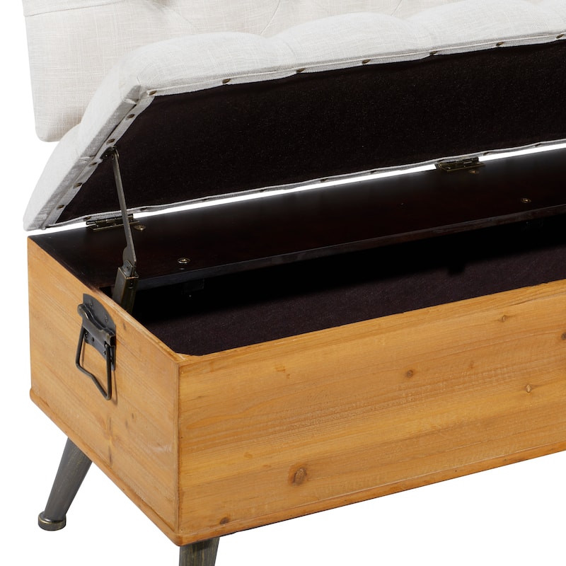 White Fabric Storage Bench with Cream Tufted Seat and Back