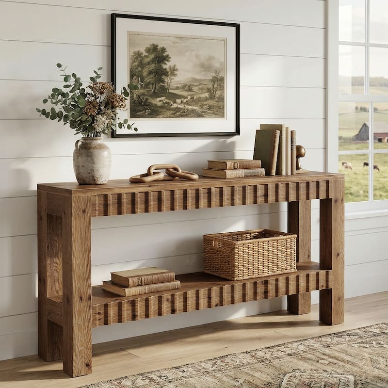 63 Inch Solid Wood Console Table for Entryway, Narrow Long Sofa Table with Storage Shelf, Farmhouse Style