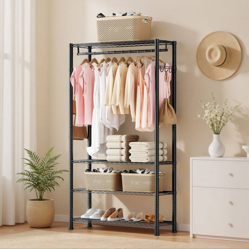 Black Carbon Steel Clothes Rack with 4 Adjustable Shelves 8 Hooks and Hanging Rod for Closet - 30 x 14.02 x 76.38 in