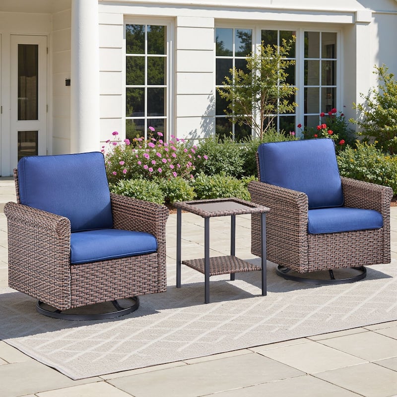 Pocassy Outdoor Sofa with Swivel Chairs Funiture Set - 3PCS Swivel Chairs w/ Table - Brown Wicker Beige Cushion