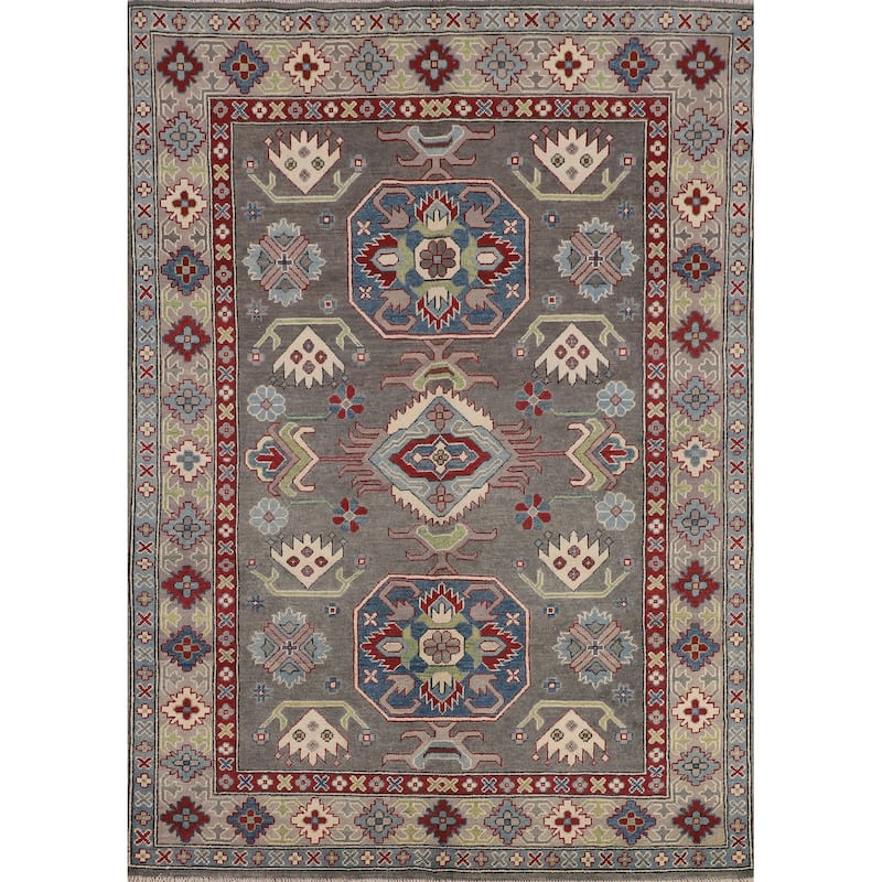 Gray Geometric Kazak Oriental Area Rug Handmade Wool Carpet - 5'0" x 6'8"