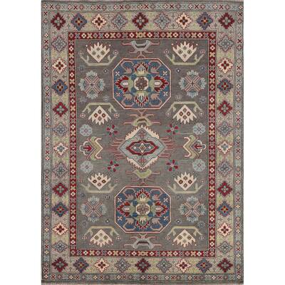 Gray Geometric Kazak Oriental Area Rug Handmade Wool Carpet - 5'0" x 6'8"