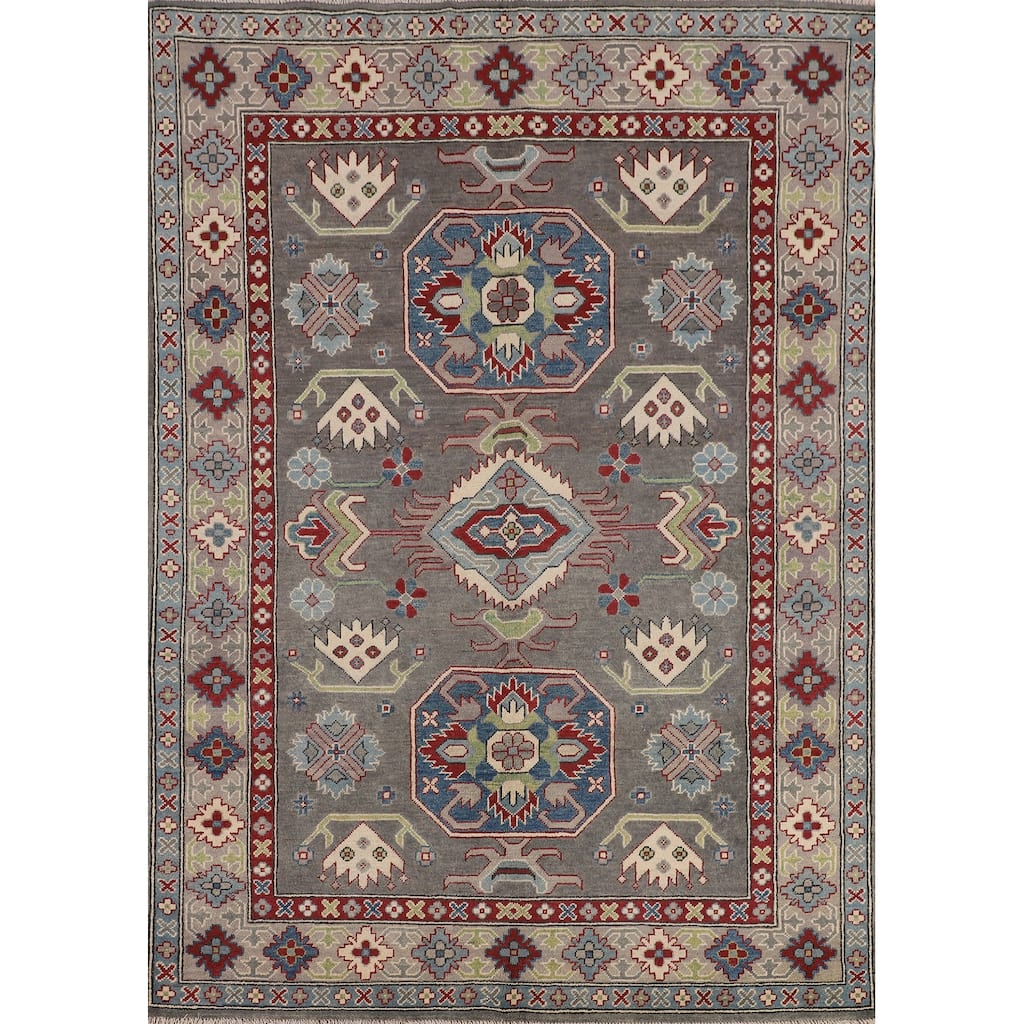 Gray Geometric Kazak Oriental Area Rug Handmade Wool Carpet - 5'0" x 6'8"