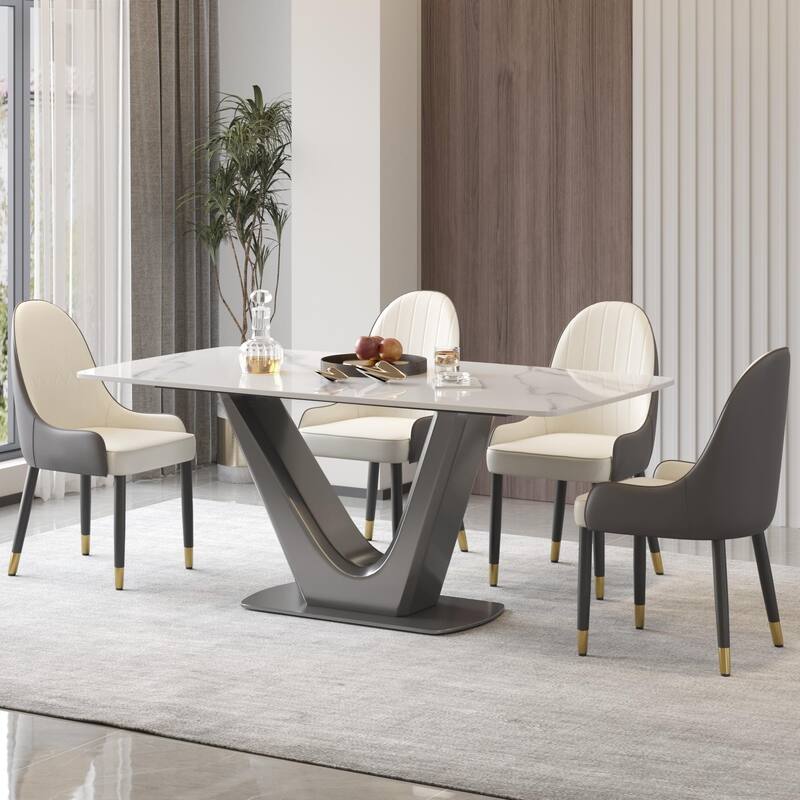 Minimalist Marble Dining Table Slate Kitchen Table with V Shape Pedestal - White - 70.87"