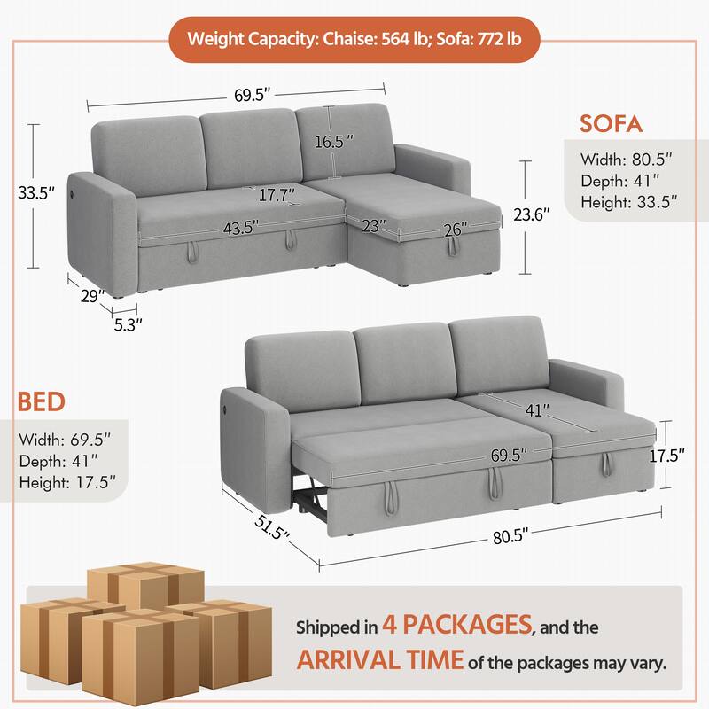Yaheetech L-Shaped Reversible Sectional Sofa with Pull Out Bed & Storage - 83"x 57.5"x33"