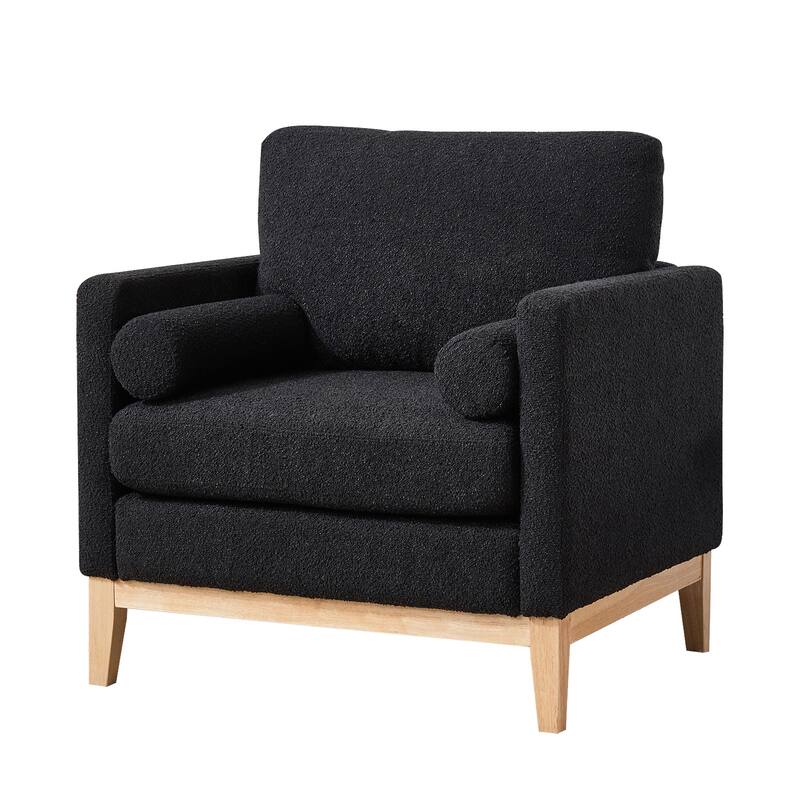 35" Farmhouse Style Boucle Single Sofa Accent Chair with Storage Footstool, Natural Wood Legs for Living Room, Office