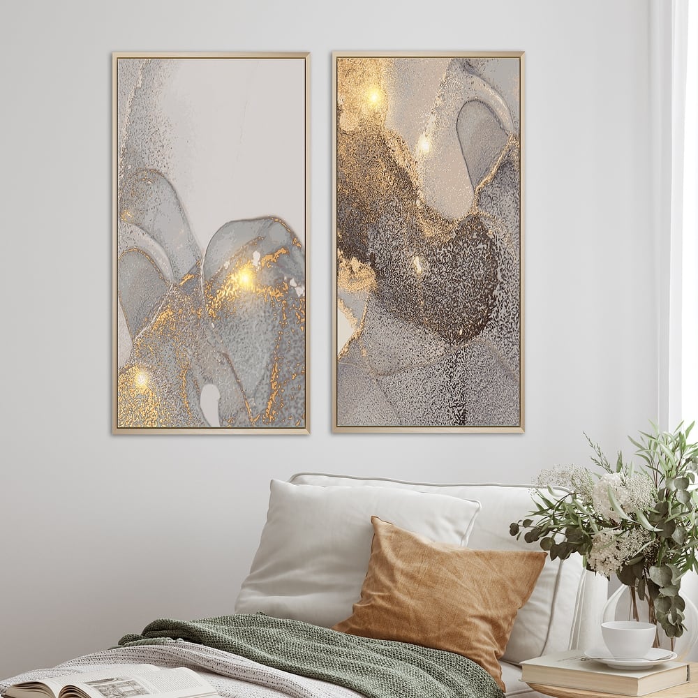Designart "Grey & Gold Marble Liquid Art I" Abstract Framed Art Set of 2 Pieces