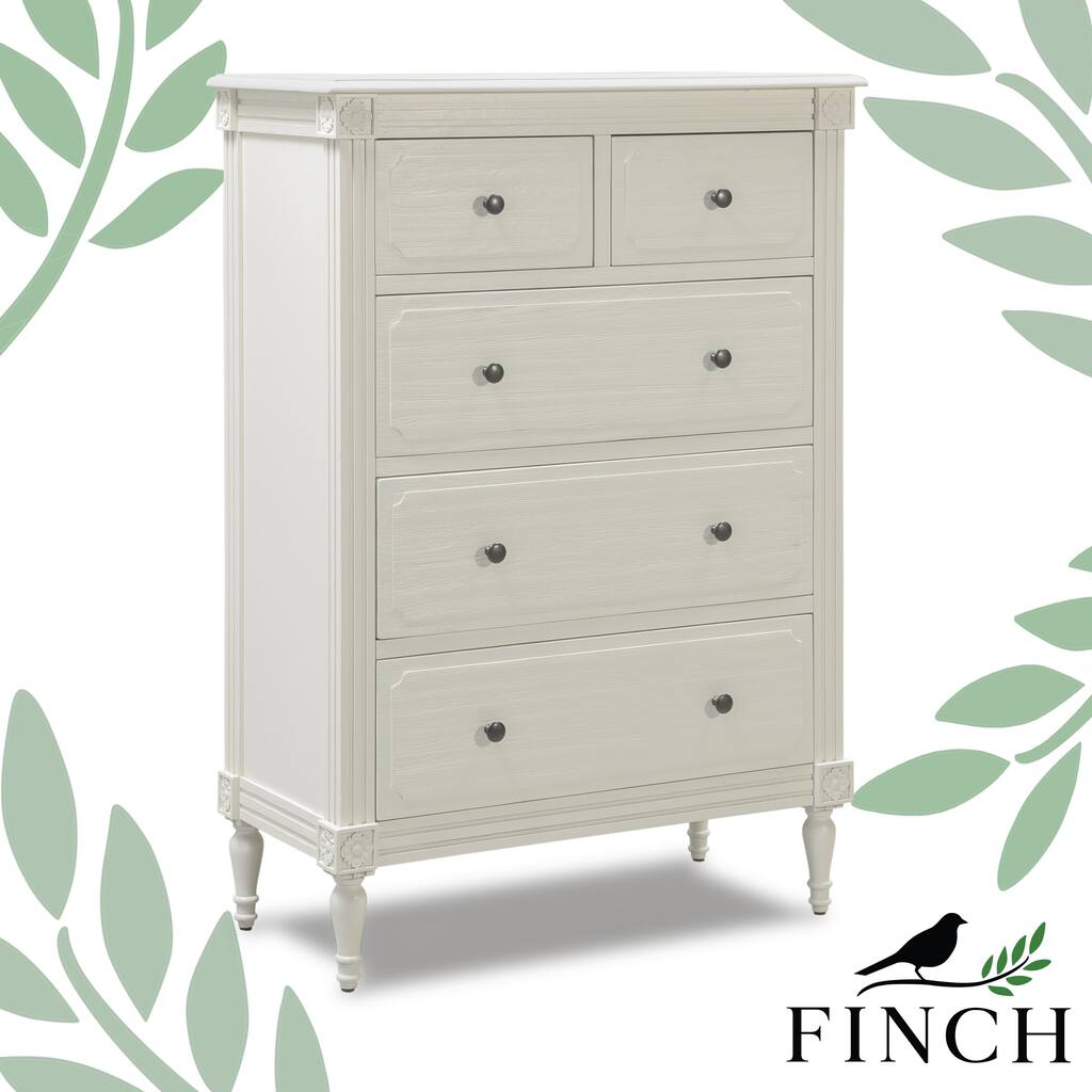 Finch Avignon Antique Tallboy Dresser Drawer Chest, Weathered Wood Living Room Furniture,Spindled Legs, 5 Drawers