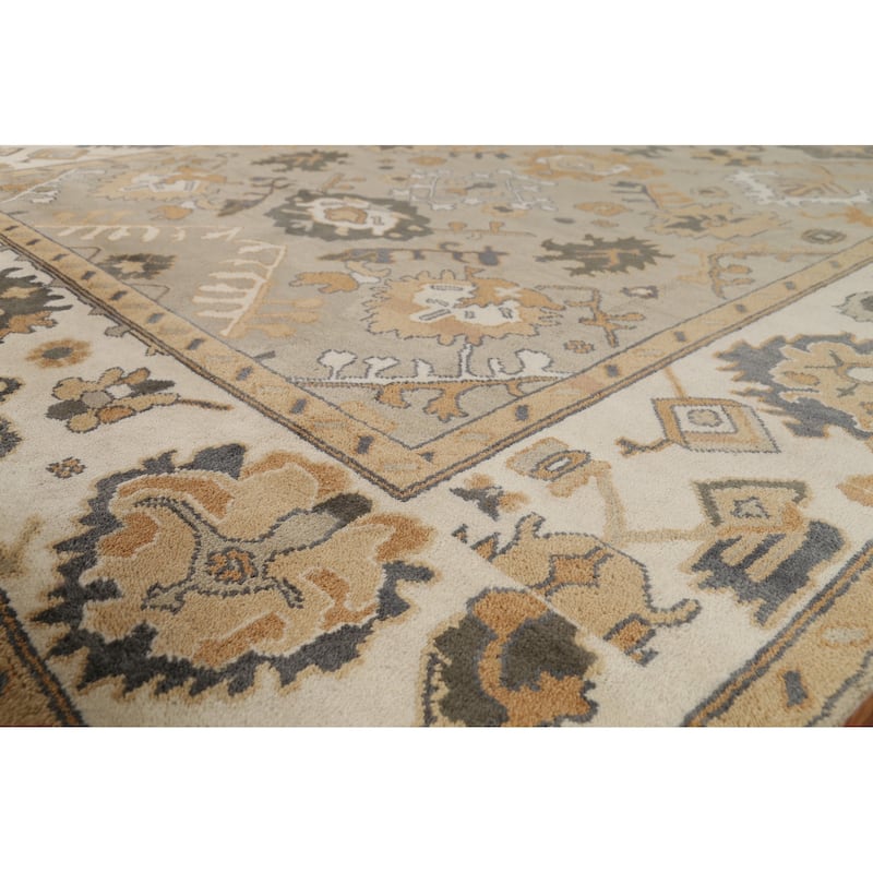 All-Over Beige & Ivory Oushak Indian Area Rug Handmade Wool Carpet - 9'1"x 11'8"