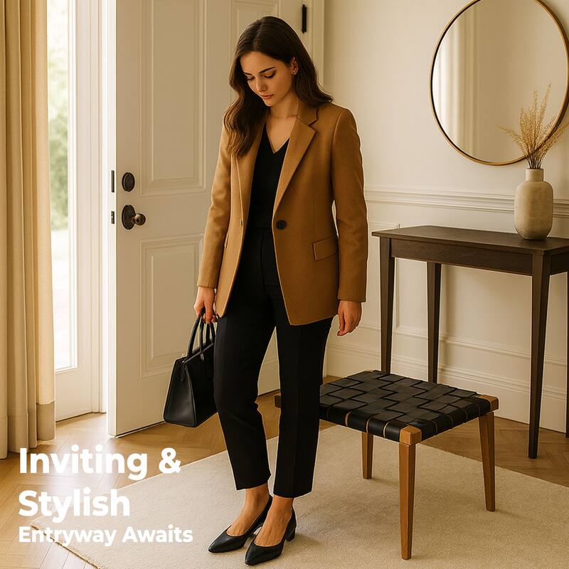 Aria Home Black Rene Genuine Leather Stool Bench Modern Accent Seat