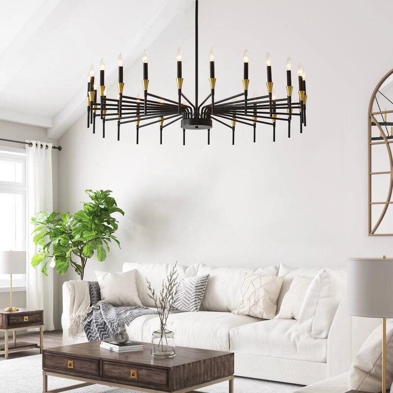 48-Inch Modern Black Farmhouse Chandelier，16-Light Industrial Round Hanging Light Fixture