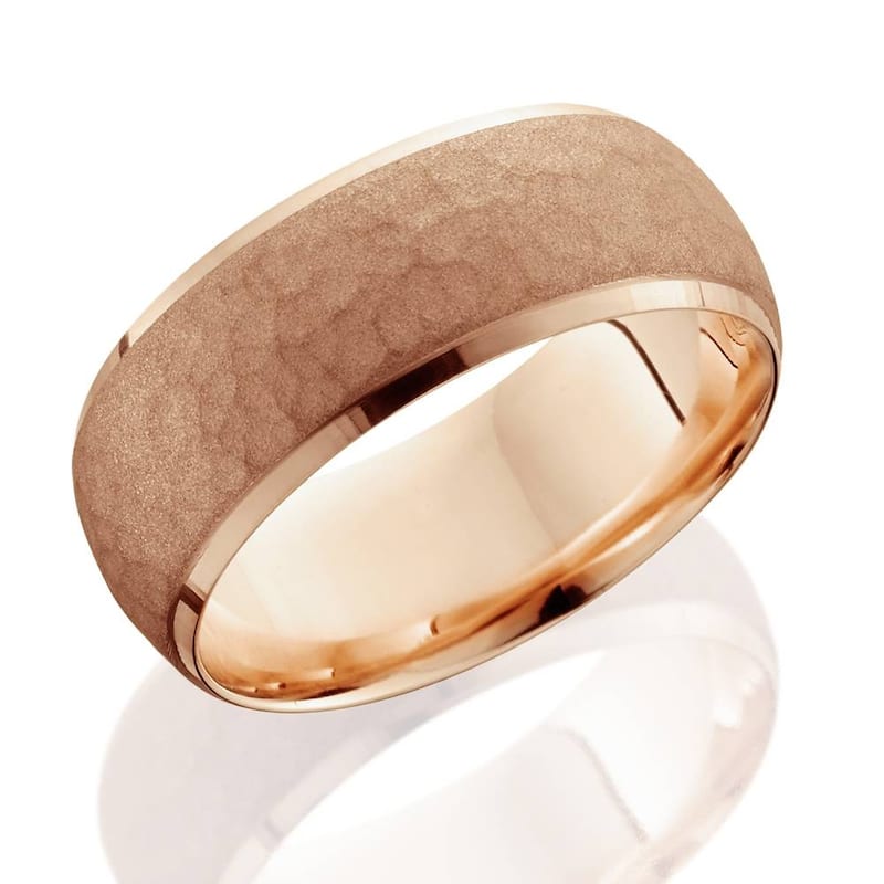 7mm Rose Gold Hammered Wedding Band Beveled Edge Mens
