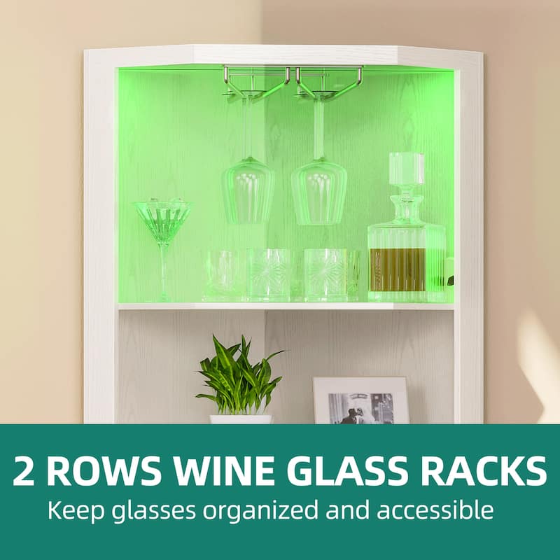 5 Tiers Corner Bar Cabinet Wine Rack Display Shelves with LED Lights and Glass Holder