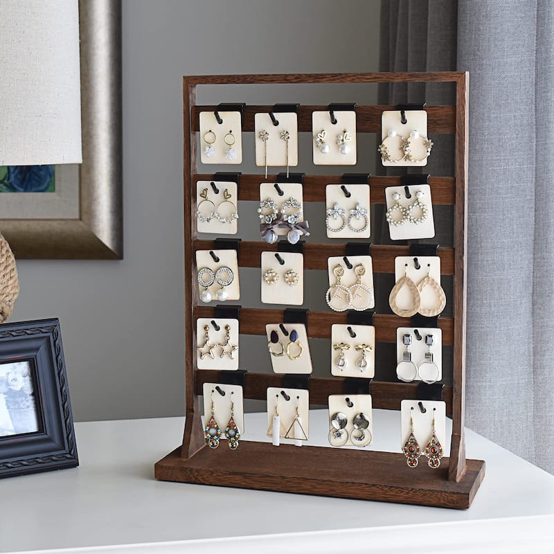 Wooden Jewelry Display Rack with 20 White Hooks - Chocolate