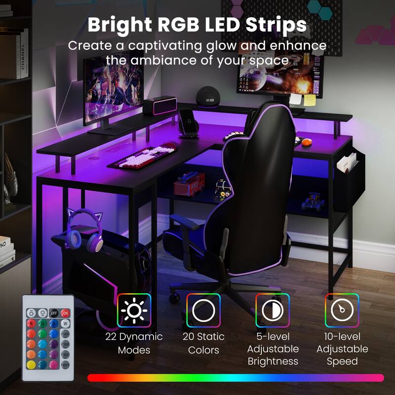 Gymax L-Shaped Gaming Desk w/ LED Lights & Power Outlets Monitor Stand