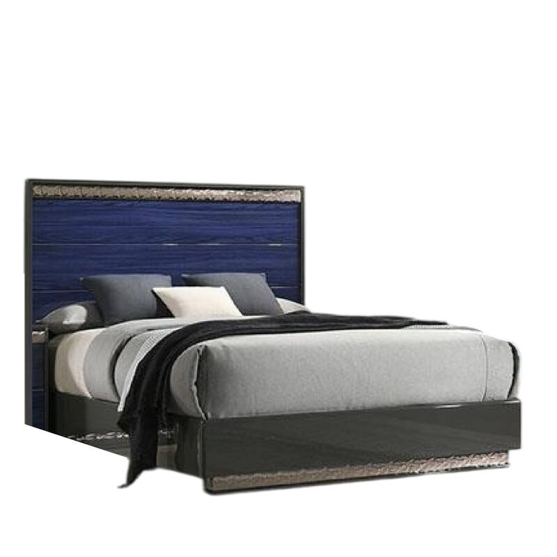 Cote Queen Bed, Slat Panel Headboard, Ash Gray and Indigo Blue Wood
