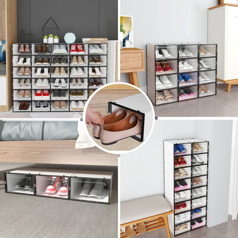 6/12/18 Pack Shoe Storage Box Plastic Stackable Shoe Organizer for Closet Foldable Sneaker Containers Bins Holders Racks