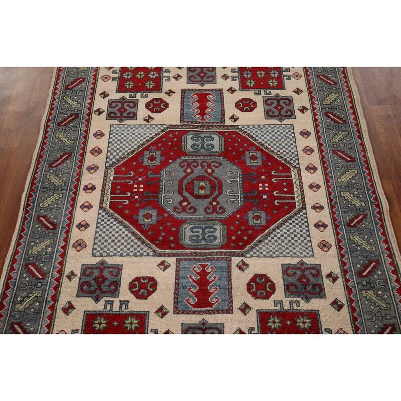 Kazak Oriental Area Rug Hand-Knotted Traditional Beige Wool Carpet - 4'2" x 5'7"