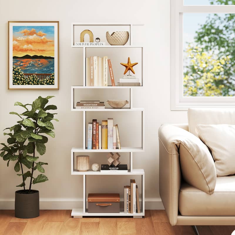 Costway 6-tier Storage Bookshelf S-shaped Geometric Bookcase with - See Details