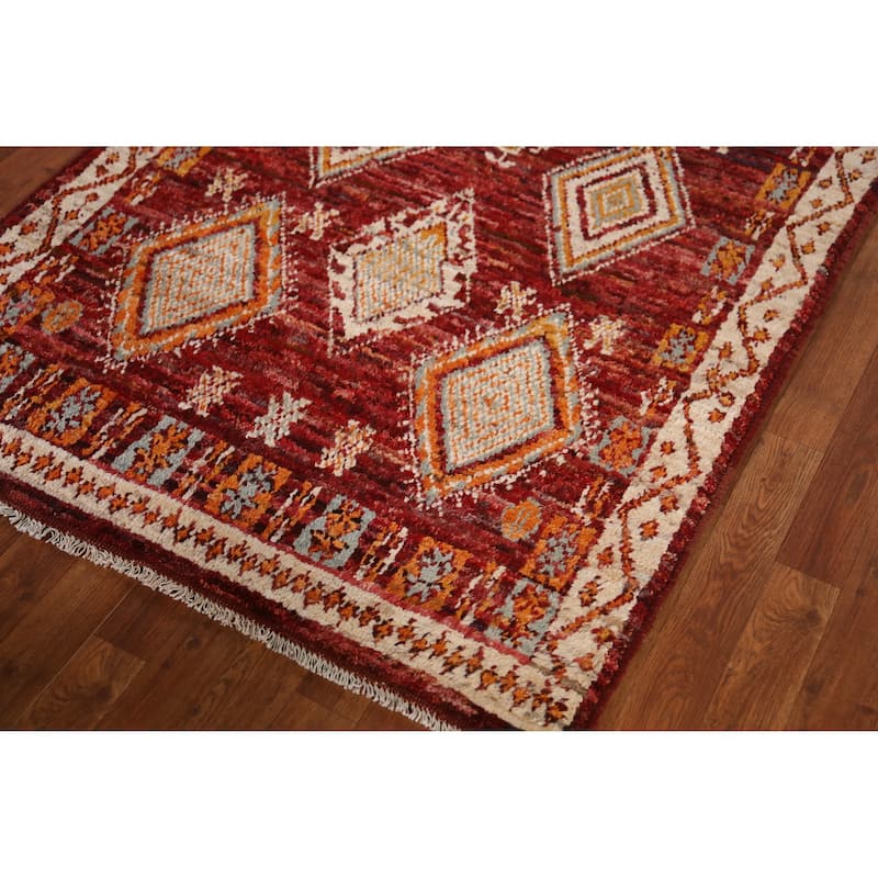 Red Geometric Moroccan Oriental Rug Hand-Knotted Wool Carpet - 3'9" x 6'5"