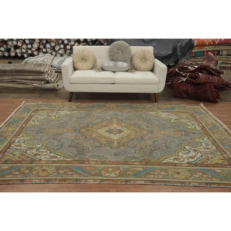 Hand Knotted Oriental 100% Wool Carpet Traditional Floral Greys & Charcoal Tabriz Area Rug - 9' 5'' X 6' 5''