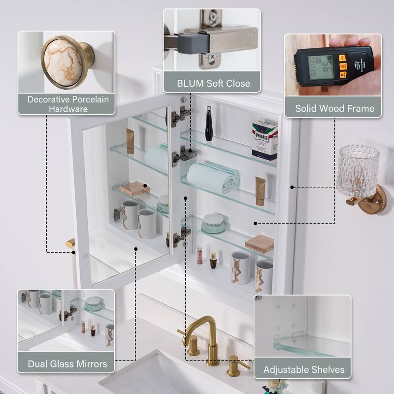 32''H Recessed Mount Solid Wood Framed Medicine Cabinet With Mirror and Shelves